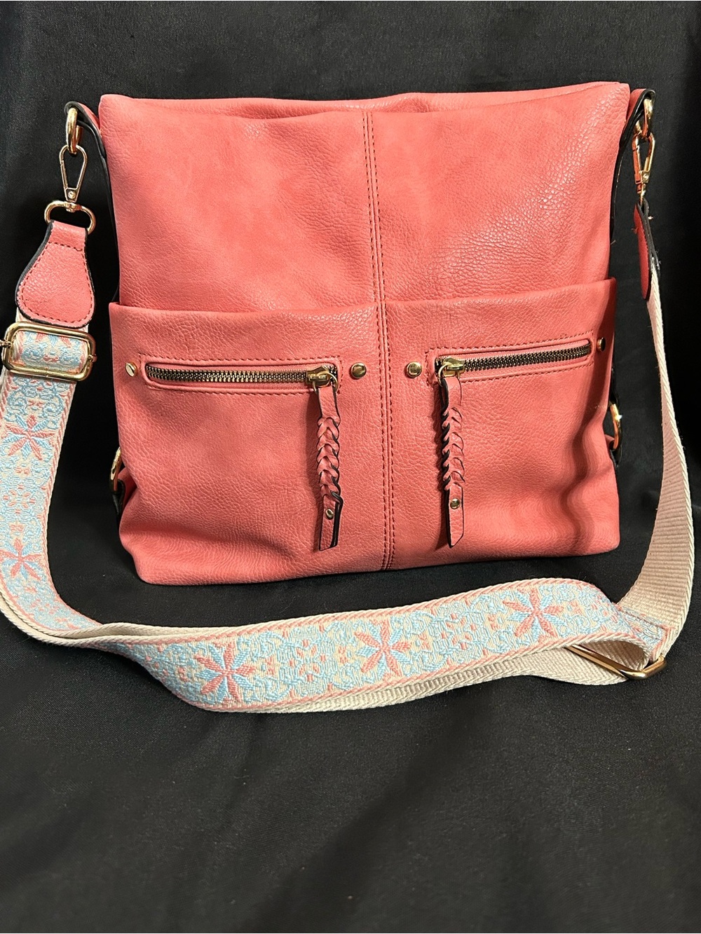 Coral Pink & Blue Crossbody Bag Floral Patterned Strap